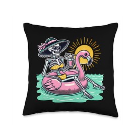 Retro Summer Skeleton Flamingo Float Vacation Beach Drink Throw Pillow