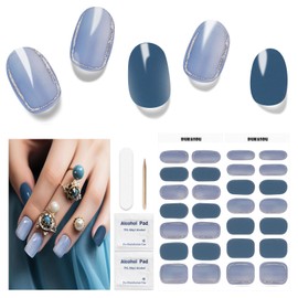 DUKASOU 28pcs Semi Cured Gel Nail Strips, Gel Nail Stickers Kit Work with Any UV Nail Lamps, Long Lasting Gel Nail Wraps for Women, Includes Prep Pads, Nail File & Wood Stick(Light Blue)