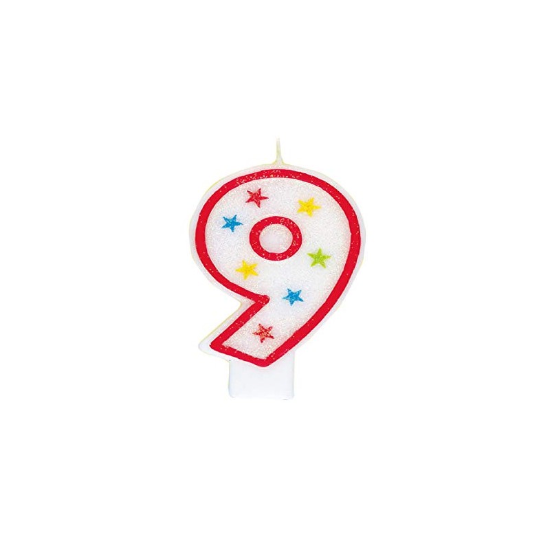 Unique Glitter Star Number 9 Birthday Candle, 3.5", White