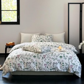 VClife Shabby Chic White Printed Duvet Cover Queen Size Vintage Garden Style Green White Pink Flowers Pattern Comforter Cover Woman Man All Season Bedding Sets with Zipper Closure 90"x90"