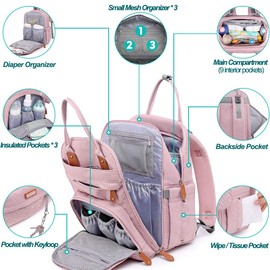 Diaper Bag Backpack, BabbleRoo Baby Nappy Changing Bags Multifunction Waterproof Travel Back Pack with Changing Pad & Stroller Straps & Pacifier Case, Unisex and Stylish (Pink)