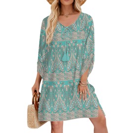 HOTOUCH Resort Dresses for Women 2026 Vacation Womens V Neck Cotton Casual Loose Shift Tunic Summer Dresses Vacation Dress 3/4 Sleeve Green XL