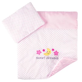 BABESIDE 2 Pcs Baby Doll Bedding Set for 12-15 Inch Dolls, Pink Polka Dot Baby Doll Blanket and Pillow Set with Cute Moon & Stars Pattern for Bitty Baby Doll Accessories