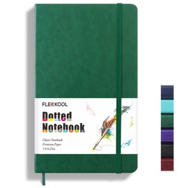 FLEEKOOL Bullet Dotted Journal Notebook, Leather Dotted Notebook with 100gsm Thick Dotted Paper, 5 inches x 8.25 inches, Hardcover, Inner Pocket-Dark Green