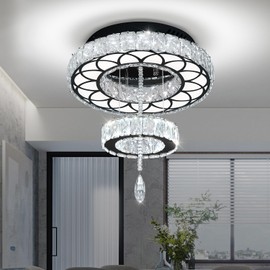 Flashing God Dia 12" Crystal Mini Chandelier Crystal Black Ceiling Light Fixtures LED Flush Mount Ceiling Light for Living Room Bedrooms Dining Room Dimmable 2700k 4500k 6000k