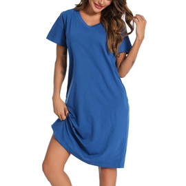 ENJOYNIGHT Womens Nightgown Cotton Short Sleeve Sleepwear V-Neck Casual Print Sleepshirt with Pockets(X-Large,BL) Blue