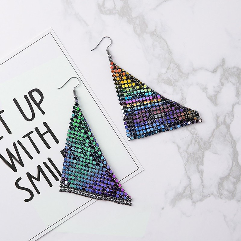 Suyi Trendy Women Earrings Metal Mesh Grid Sequins Tassel Long