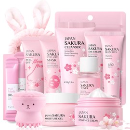 Skincare Kit Sakura Teen Girl Gift - Set Travel Size Toiletries 10-12 Teens Rabbit Headband (11PCS) Women's Facial 12PCS / 스킨케어 키트 사쿠라 틴 걸 선물 - 세트 여행용 사이즈 세면도구 10-12 청소년용 토끼 머리띠 (11PCS ) 여성용 페이셜 12PCS