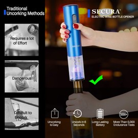 Secura Electric Wine Opener, Automatic Electric Wine Bottle Corkscrew Opener with Foil Cutter, Rechargeable (Blue)