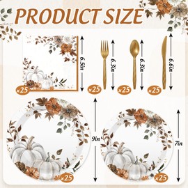 AnyDesign 150Pcs Fall Party Supplies Kit Pumpkin Floral Paper Plates Napkins Plastic Knives Forks Spoons for Autumn Thanksgiving Party Tableware, Serves 25