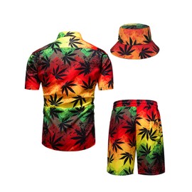TUNEVUSE Men’s Hawaiian Shirt and Shorts, 2-Piece Set, Tropical, Floral Print, Buttoned Beach Set with Hat