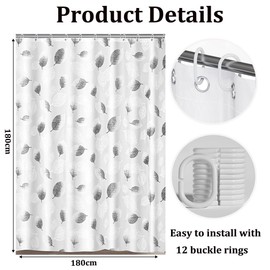 Shower Curtain, Mould Proof Resistant and Waterproof Washable Polyester Fabric with 12 Hooks, Quick Dry, Shower Curtain for Bathroom, Wet Rooms, Shower, Bath (Foliage, 180x180cm)
