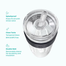 KeepCup Cold Cup - Longplay Double wall Glass Ice Coffee Tumbler with Lid and Straw - 12oz (340ml) - Black