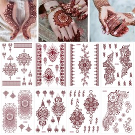 8 Sheets Brown Henna Tattoos Temporary Stickers Women Body Art Stickers for Wedding Party