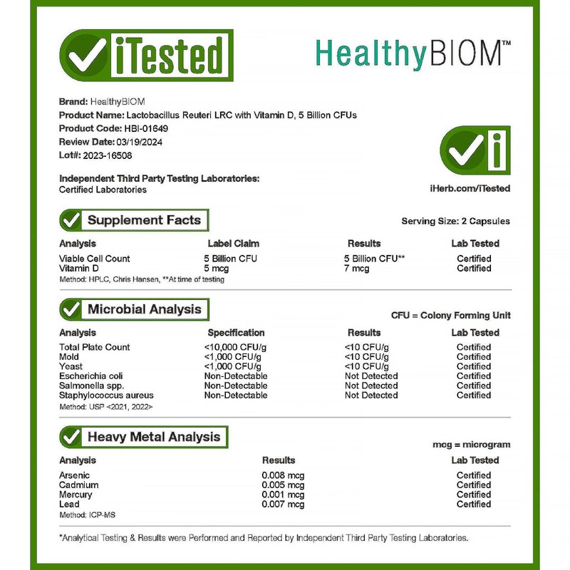HealthyBiom Lactobacillus Reuteri LRC with Vitamin D, 5 Billion CFUs,