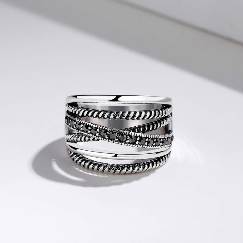 Shefashion Women's Vintage Oxidized Silver Crossover Statement Rings Wide Band