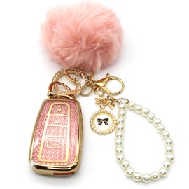 YILINXI Compatible with Toyota Key Fob Cover with Pom Pom Keychain, Car Key Shell Accessories for 2018-2024 Highlander RAV4 Camry Avalon C-HR Corolla GT86 Remote Smart Key for Women, Pink-4 Buttons