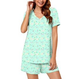 syoss Women's Pajamas Sets, Summer Casual Short Sleeves V-neck Tunic Top with Comfy Shorts, Loungewear Sleepwear 2 piece Ladies Pjs Sets with Pockets XXL, Butterfly-Green