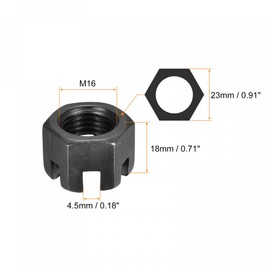 sourcing map M16x1.5mm Hexagon Slotted Nut, Grade 4.8 Carbon Steel Hex Nuts, Black, 5Pcs