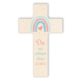 Fritz Cox - Holzkreuz Du bist geborgen kleiner Schatz | Herz unterm Regenbogen | christliches Geschenk für Kinder (natur, 20cm)