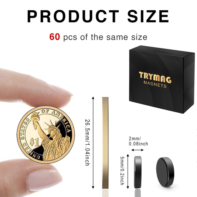 TRYMAG Small Magnets 60Pcs, Multi-Use Premium Epoxy Coating Tiny Black
