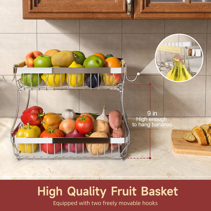 Sevenblue 2 Tier Large Fruit Basket for Kitchen Counter with