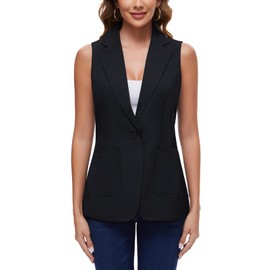 Kyzoeyou Waistcoats Women Long Sleeveless Blazer Casual Waistcoat Fully Lined Button Down Top Jacket Vest (Black L)
