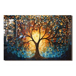 fzxwyishu Tempered Glass Kitchen Backsplash, Stove Back Top Cover, Splashback Tile, Tree of Life Kitchen Sink Cover Splash Guard, Home Kitchen Decor (30"x18"(76.2x45.72cm))