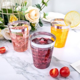 DaYammi 10 Oz Transparent Plastic Cups, 200 Pack, BPA Free, Disposable Wine Glasses, Fancy Party Cups, Wedding Tumblers, Silver Rimmed