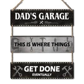 Dad's Garage Wooden Sign, 'This Is Where Things Get Done Eventually' Rustic Plaque 11.8x3.2 Inches Each, Perfect for Father’s Day, Christmas, Birthday, New Home Gifts, or Retirement.(017)