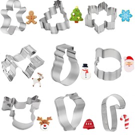 9PCS Cookie Cutters, Biscuit Cutter, Stainless Steel Gingerbread Man, Christmas Tree, Elk, Snowman, Snowflake, Santa Claus, Stockings,Candy Cane Cookie Cutters for Biscuit, Fondant (Style 1)