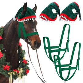 Paterr 4 Pcs Christmas Horse Accessory Xmas Santa Elf Reindeer Horse Halter for Holiday Horse Costume Accessories(Elf Style)
