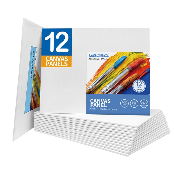 FIXSMITH Canvases for Painting, 8x10 Inch Canvas Boards, Super Value 12 Pack White Blank Canvas Panels, 100% Cotton Primed, Painting Art Supplies for Professionals, Hobby Painters, Students & Kids