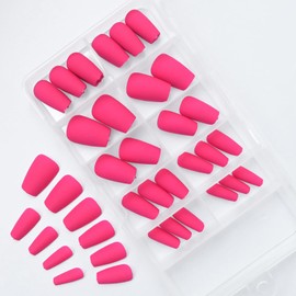 AddFavor 120pc Press on Nails Short Coffin Matte Hot Pink Fake Nails Ballerina Acrylic False Nail with Glue Adhesive Tabs Nail File for Women and Girls Manicure