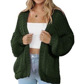 Women Long Sleeve Cable Knit Cardigan Open Front Oversized Lightweight Sweater Cardigans with Pocket Green