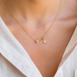 Stocking Stuffers Gifts for Women Safety Pin Necklace Gold Chain Necklace Crystal Heart Charm Necklace Vintage Gold Choker Necklace Safety Pin Jewelry Gift for Women