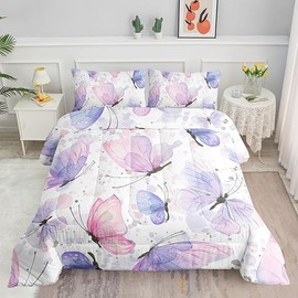 Kids Comforter Set Butterflies Printed Pattern Bedding Set with 1 Comforter and 2 Pillowcases for Girls Boys Bedroom All Season(Butterflies Twin)