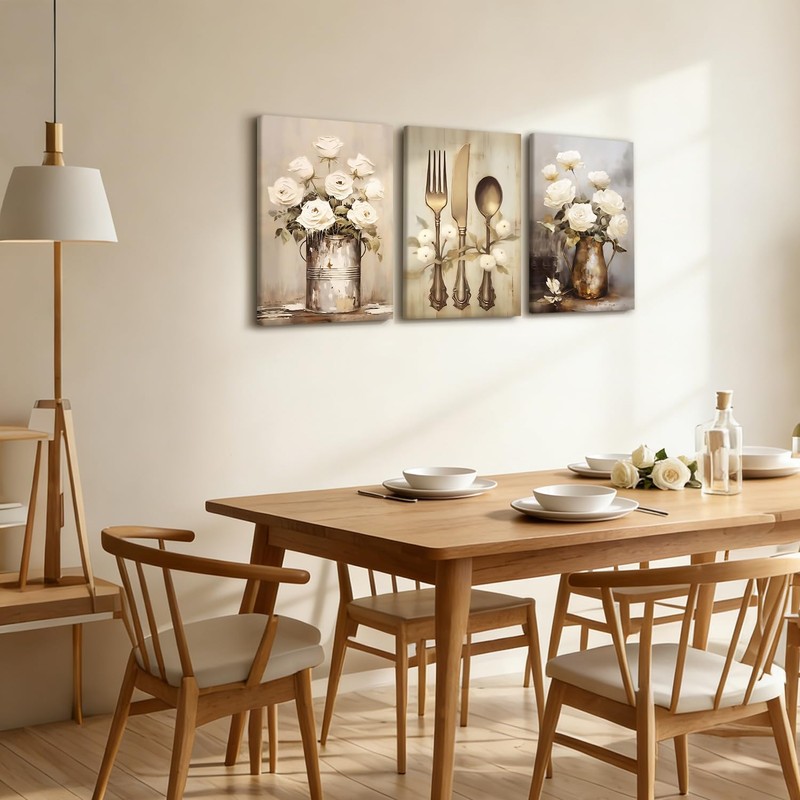 Doqueodas 3 pcs Vintage Floral Kitchen Canvas Framed Wall Art