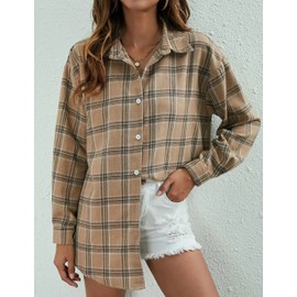 HangNiFang Oversized Flannel Plaid Shirts for Women Long Sleeve Button Down Shirts Blouse(0368-LightKhaki-S)