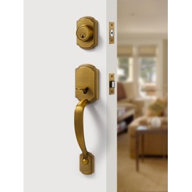 SORWDUERM 1 Pack Antique Brass Front Door Handle and Deadbolt Set Reversible Lever Entry Handleset with Lock and Key Single Cylinder