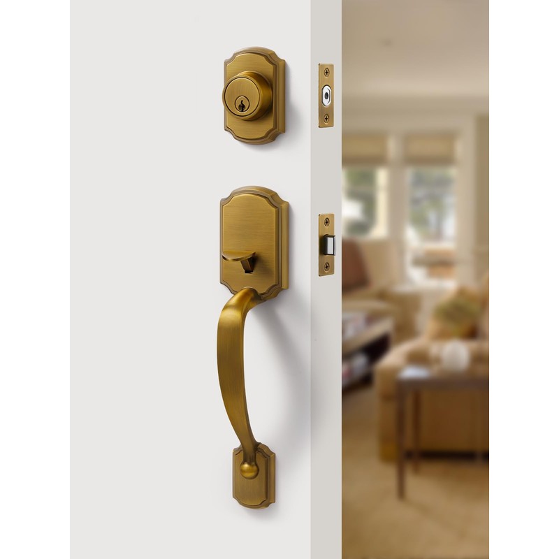 SORWDUERM 1 Pack Antique Brass Front Door Handle and Deadbolt