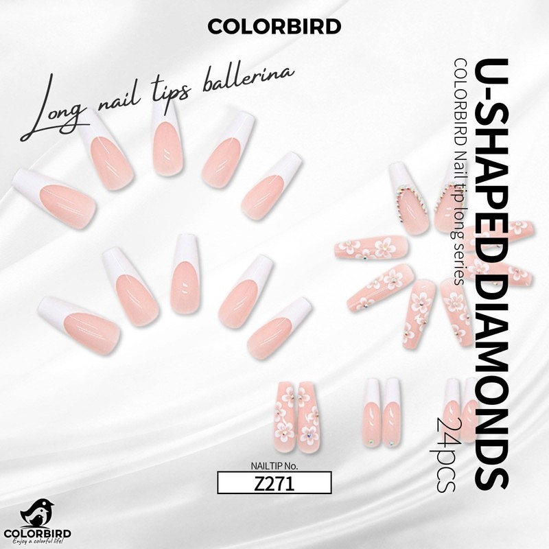COLORBIRD Z271 Long Nail Tips, 24 Pieces, White, Flowers, Nail