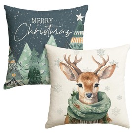 Artoid Mode Trees Reindeer Snowflakes Merry Christmas Cushion Covers Set of 2 45 x 45 cm Merry Chrisrmas Decorative Cushion Cover Couch Decoration
