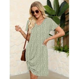 Miselon Summer Dresses for Women Beach Floral Tshirt Sundress Casual V Neck Boho Dress Been Green X-Large