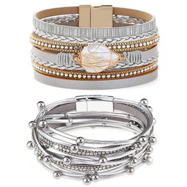 Gleamart 2 Pieces Multilayer Leather Bracelet Set Beads Wrap Bangles with Magnetic Buckle for Women 01