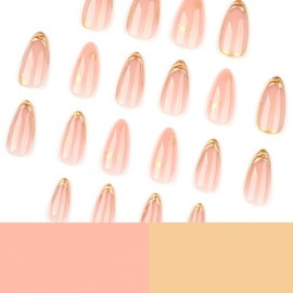 Uñas Postizas Francesas Doradas, Almendradas Medianas, Con Diseños 3D, Brillantes, De Cobertura Total, Con Estrellas Metálicas Doradas. Uñas Acrílicas