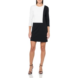 Halston Women's 3/4 Sleeve Round Neck Knee Length Dress, Blk/Cream