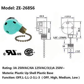 Ceiling Fan Switch Zing Ear ZE-268S6 Pull Chain Switch 3 Speed 4 Wire Pull Chain Switch Control Ceiling Fan Replacement Speed Control Switch, Bronze 1PCS