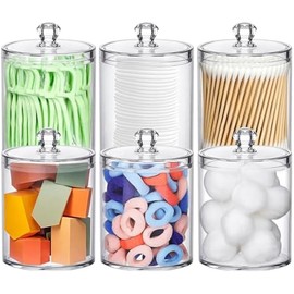 MateeyLife Qtip Holder 6 Pack, Acrylic Q-tip Dispenser for Cotton Pads, Swabs, Balls, Storage Containers for Organizing, Clear Bathroom Canisters with Lid, Apothecary Jars Home Decor Accessories Set