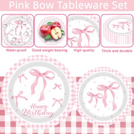 Pink Bow Birthday Party Decorations, 96Pcs Bow Birthday Supplies Includes Pink Bow Plates and Napinks Forks Pink Bow Theme Tableware Birthday Party Supplies Bow Girls Birthday Party Decor
